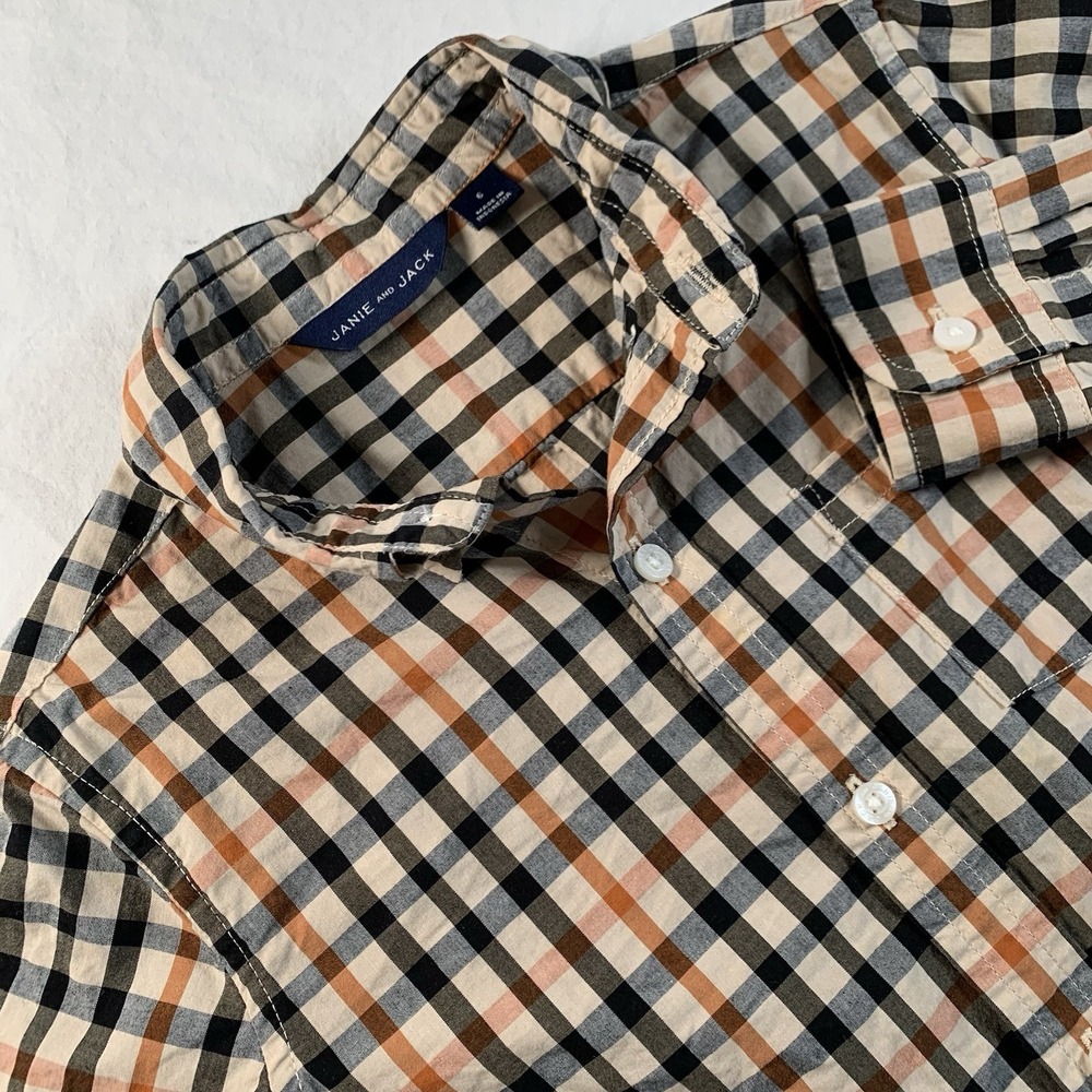 Janie and Jack Boys Size‎ 6 Tan Black  Plaid Long Sleeve Button Up Shirt EUC